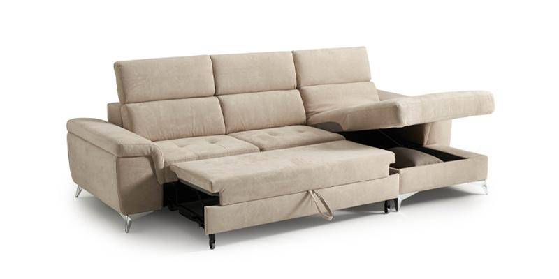 Divano con terminale 2 posti con carrello e chaise longue contenitore, in tessuto antimacchia Fastclean.