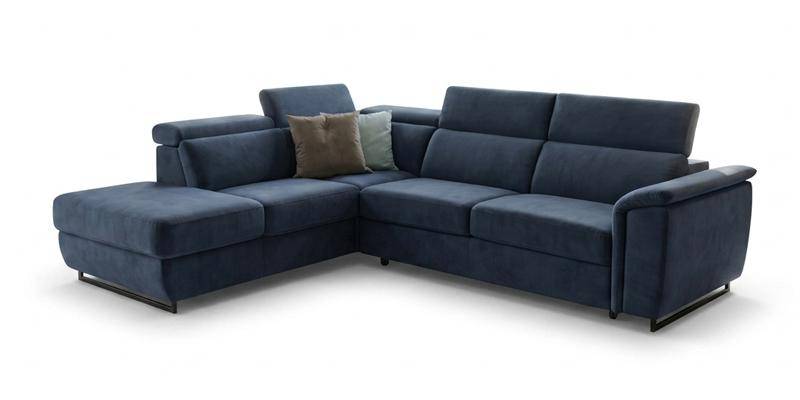 Angolare con carrello estraibile e penisola pouf contenitore, in microfibra antimacchia.