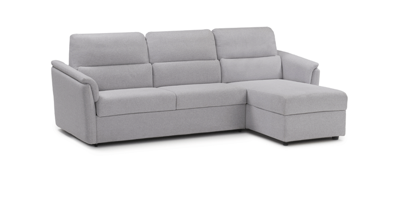 Divano 3 posti con letto (materasso 140x190x16 cm) con chaise longue contenitore reversibile, in tessuto antimacchia.
