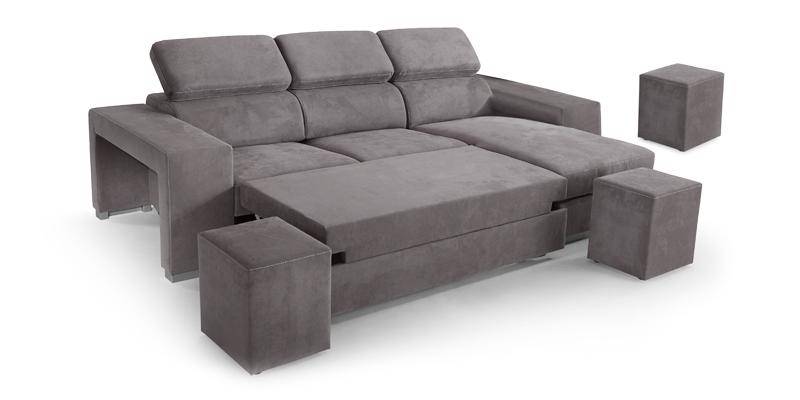 Divano con carrello estraibile e chaise longue, braccioli con 2+2 pouf, in tessuto Penelope.