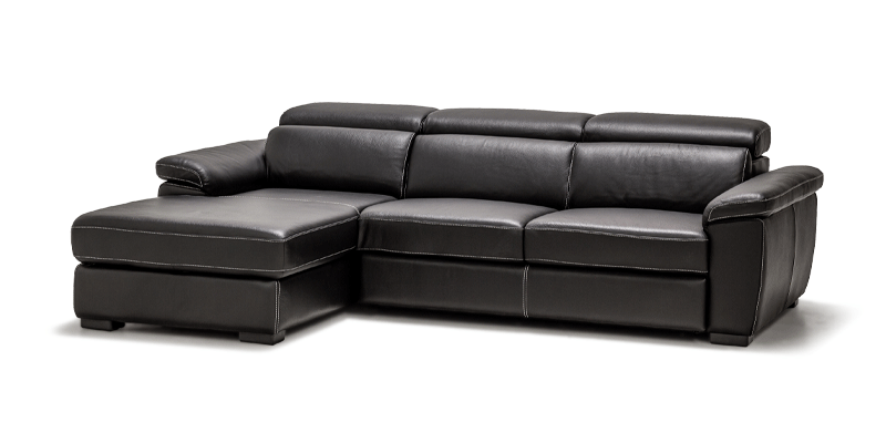 Divano con terminale intermedio con carrello e chaise longue contenitore, in vera pelle.