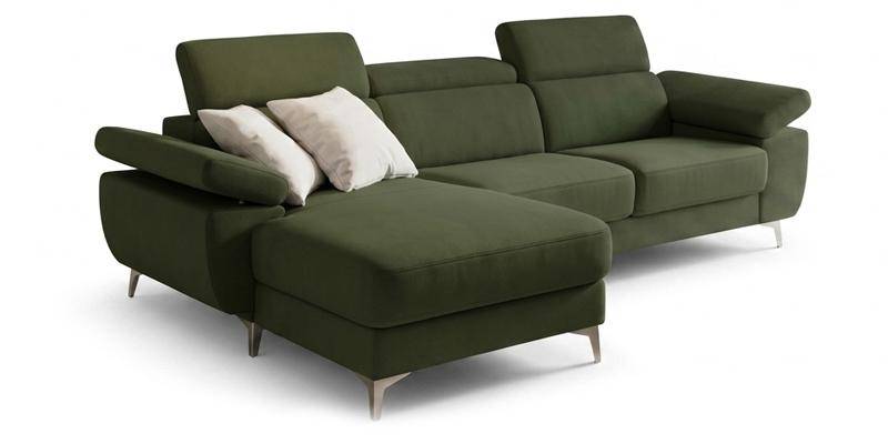 Divano con carrello estraibile e chaise longue fissa, in microfibra antimacchia.