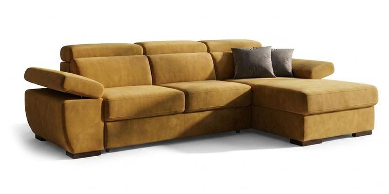 Divano con carrello estraibile e chaise longue, braccioli regolabili, in microfibra antimacchia.