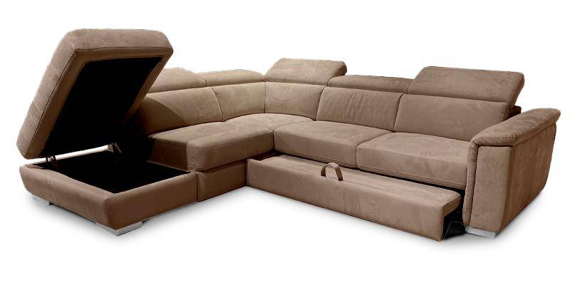 Angolare con carrello estraibile e penisola pouf contenitore, in microfibra antimacchia.