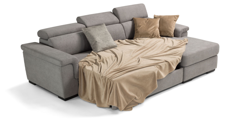 Divano con carrello estraibile e chaise longue contenitore, in tessuto antimacchia.