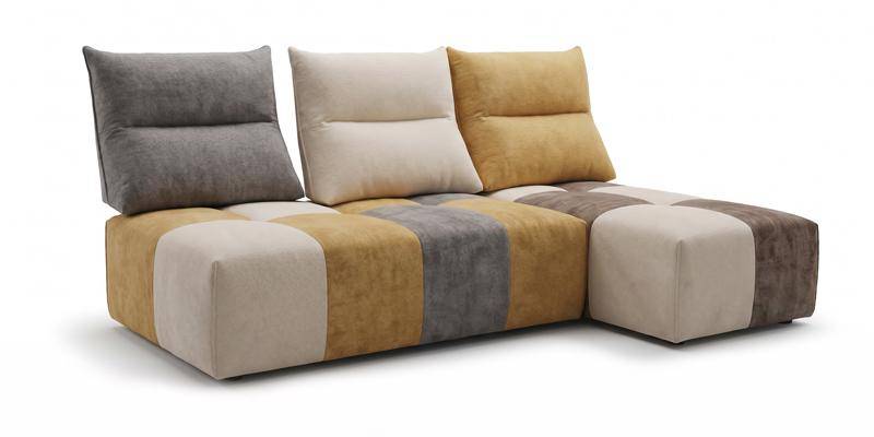 Composizione modulare ad angolo con schienali basculanti composta da n°1 elemento centrale da 160 cm e chaise longue, in tessuto antimacchia.