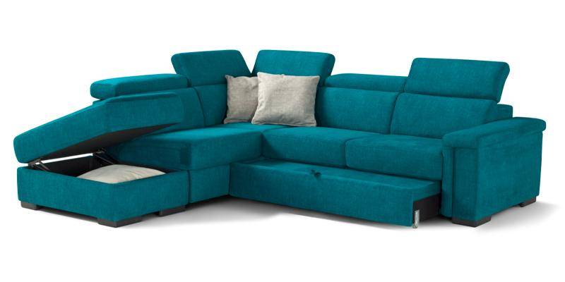 Angolare con carrello estraibile e penisola pouf contenitore, in tessuto antimacchia.
