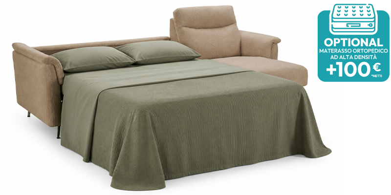Divano 3 posti con letto (materasso con aloe 140x190x16 cm) e penisola contenitore, in tessuto antimacchia.