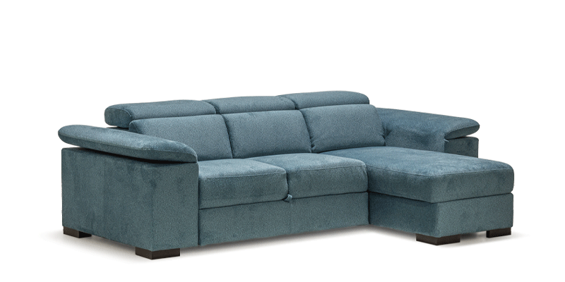 Angolare MINI 3 posti con carrello “delfino” e chaise longue contenitore, in tessuto antimacchia.